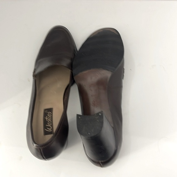 Westies Women's Brown Leather Loafers Chunky 3 Inch Heels Slip On - Picture 5 of 11